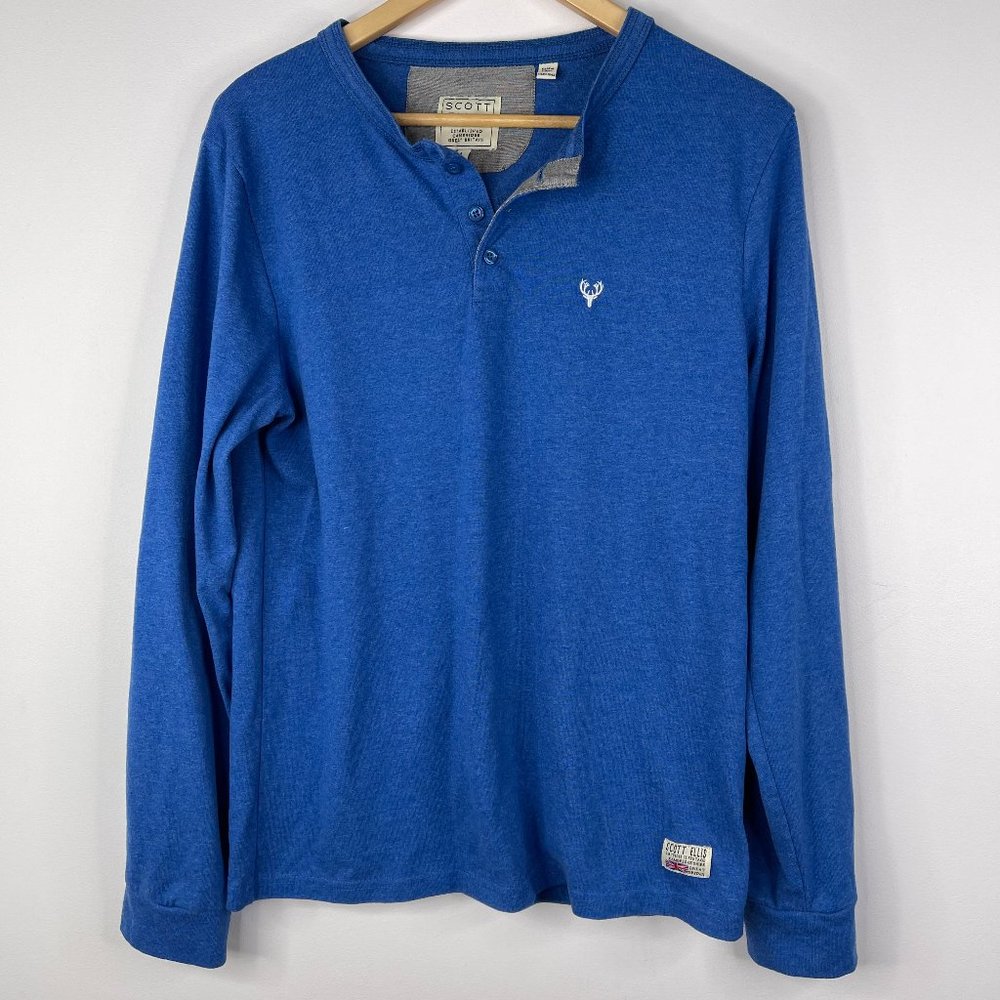SCOTT ELLIS Men Deer Logo Blue Long Sleeve Henley Neck T Shirt